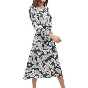 AX Paris Hunter Green & Salmon Palm Print Floral Smocked Waist midi dress sz 10